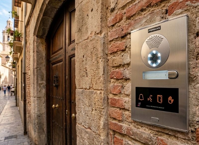 La tecnología de Fermax se adapta a la estética de los edificios clásicos de Valencia, garantizando durabilidad y cumplimiento legal en la reposición de placas.